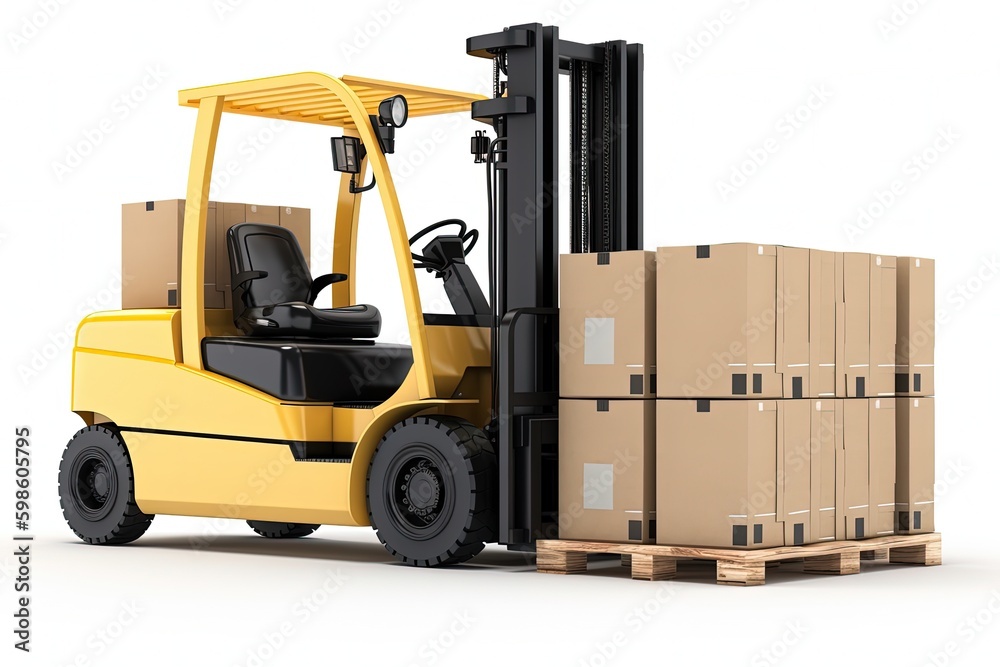 Forklift truck and cardboard boxes, white background. Generative AI Forklift truck and cardboard boxes, white background. Generative AI