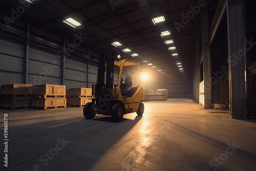 Forklift inside a logistic warehouse. Generative AI