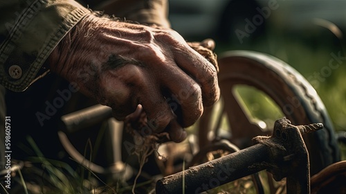 Close - up of a man's hands on the handlebar of a rusty old push mower, with peeling paint and blades covered in grass clippings, under diffused morning light. Generative AI © Matyfiz