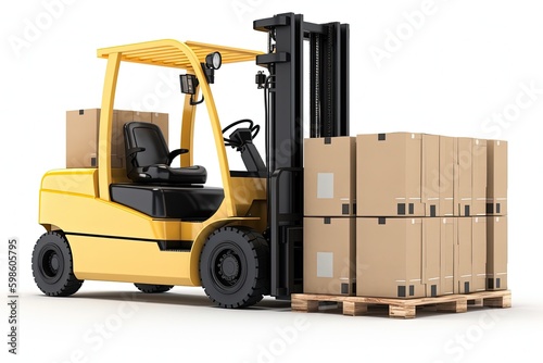 Forklift truck and cardboard boxes, white background. Generative AI