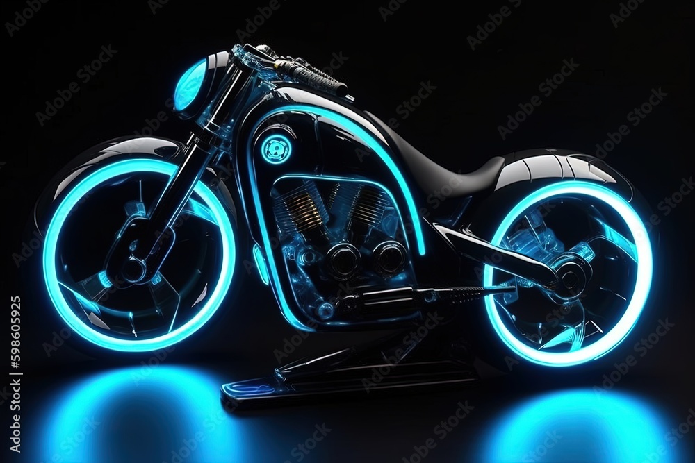 Technological motorcycle with blue neon lights, futuristic game concept, digital illustration. Generative AI