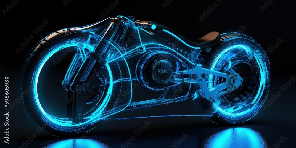 Technological motorcycle with blue neon lights, futuristic game concept, digital illustration. Generative AI