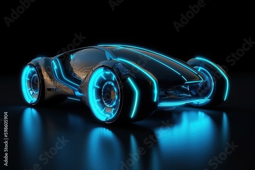 Technological car with blue neon lights, futuristic game concept, digital illustration. Generative AI © Deivison