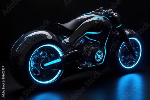 Technological motorcycle with blue neon lights, futuristic game concept, digital illustration. Generative AI © Deivison