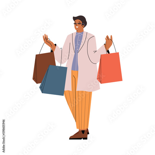 Smiling fashionable man with shopping bags flat vector illustration isolated.