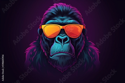 Gorilla with sunglasses on colorful gradient background, cartoon style, digital illustration. Generative AI