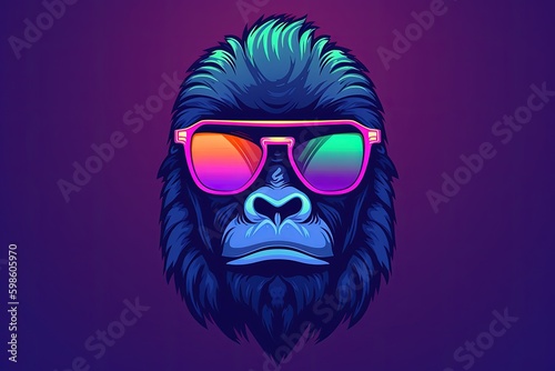 Gorilla with sunglasses on colorful gradient background, cartoon style, digital illustration. Generative AI