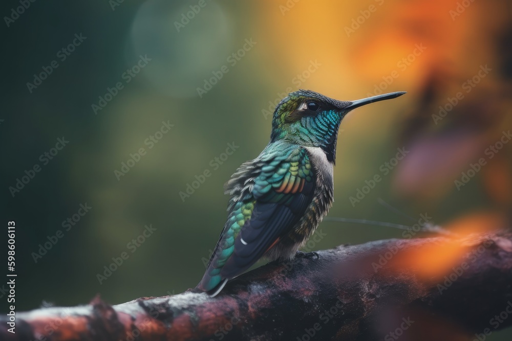 Beautiful hummingbird illustration, bokeh background, forest in background. Generative AI