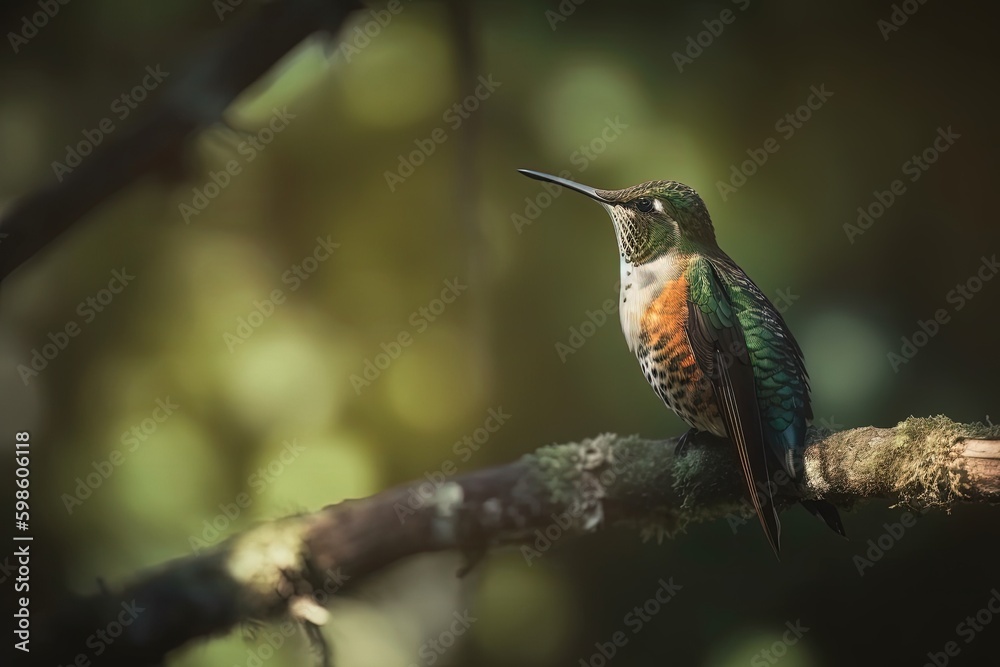 Fototapeta premium Beautiful hummingbird illustration, bokeh background, forest in background. Generative AI