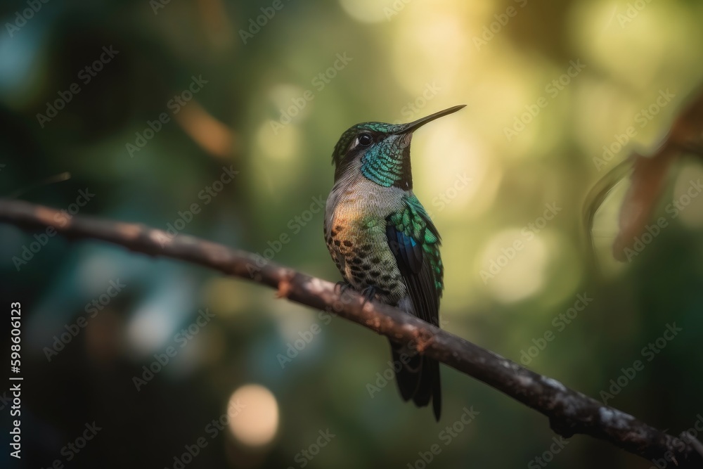 Beautiful hummingbird illustration, bokeh background, forest in background. Generative AI Beautiful hummingbird illustration, bokeh background, forest in background. Generative AI