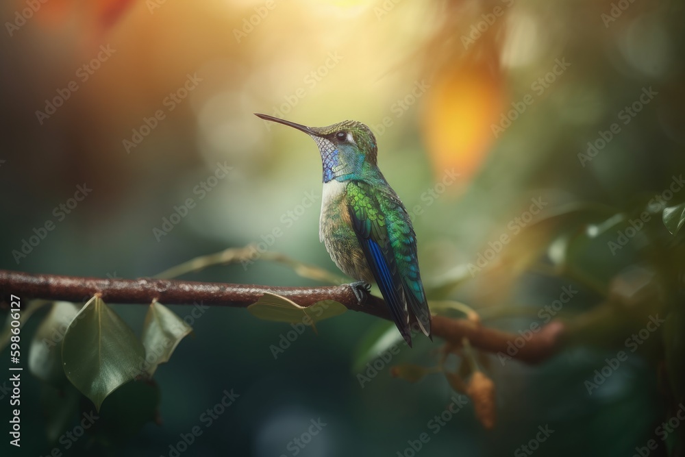 Beautiful hummingbird illustration, bokeh background, forest in background. Generative AI