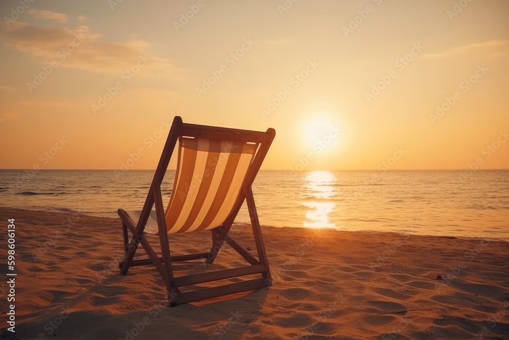 Deck chair on deserted sandy beach, sunset. Generative AI