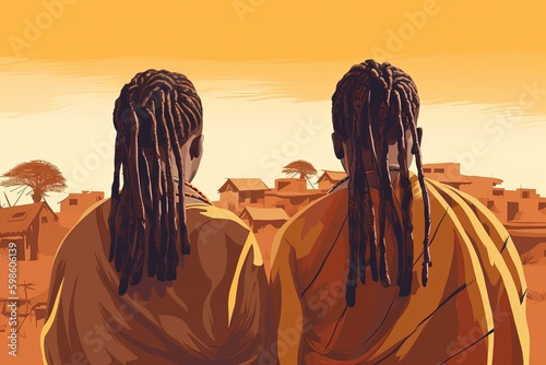 Landscape with dreadlocked African men, African savannah in the background, cultural concept. Generative AI