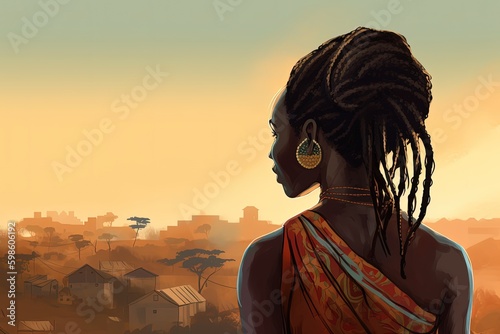 Landscape with African woman with dreadlocks, African savannah in the background, cultural concept. Generative AI