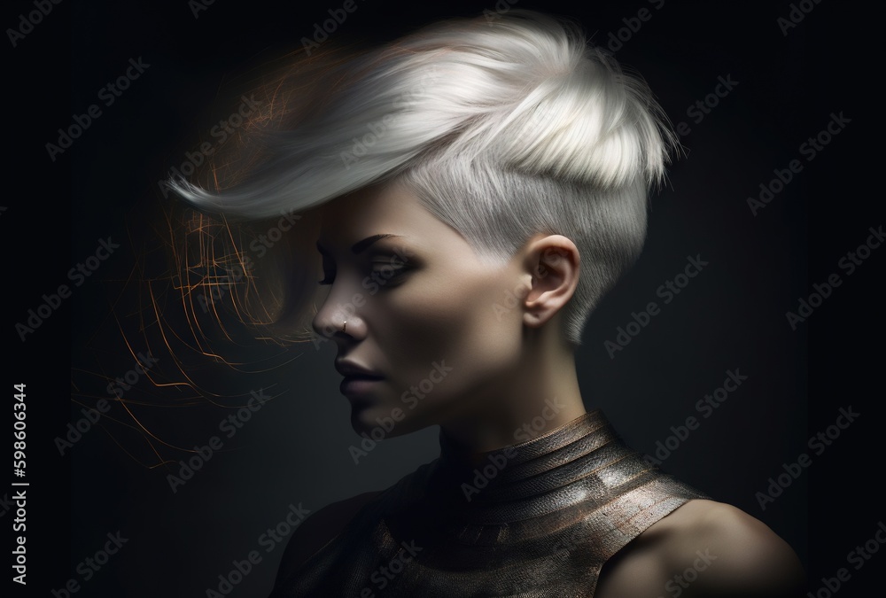 woman with a dark background with a silver mohawk