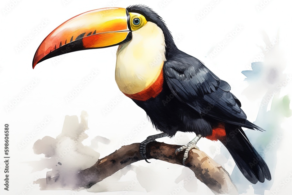 Naklejka premium Beautiful toucan illustration, animal life concept, white background, painting style. Generative AI