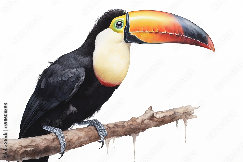 Beautiful toucan illustration, animal life concept, white background, painting style. Generative AI Beautiful toucan illustration, animal life concept, white background, painting style. Generative AI