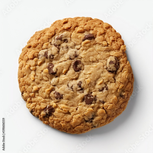oatmeal cookie with chocolate pieces, isolated on white background, top view, Generative AI