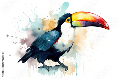 Beautiful toucan illustration, animal life concept, white background, painting style. Generative AI © Deivison