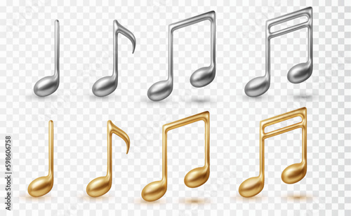 Gold and silver music notes 3d icon set. Realistic vector illustration isolated on ransparent background.