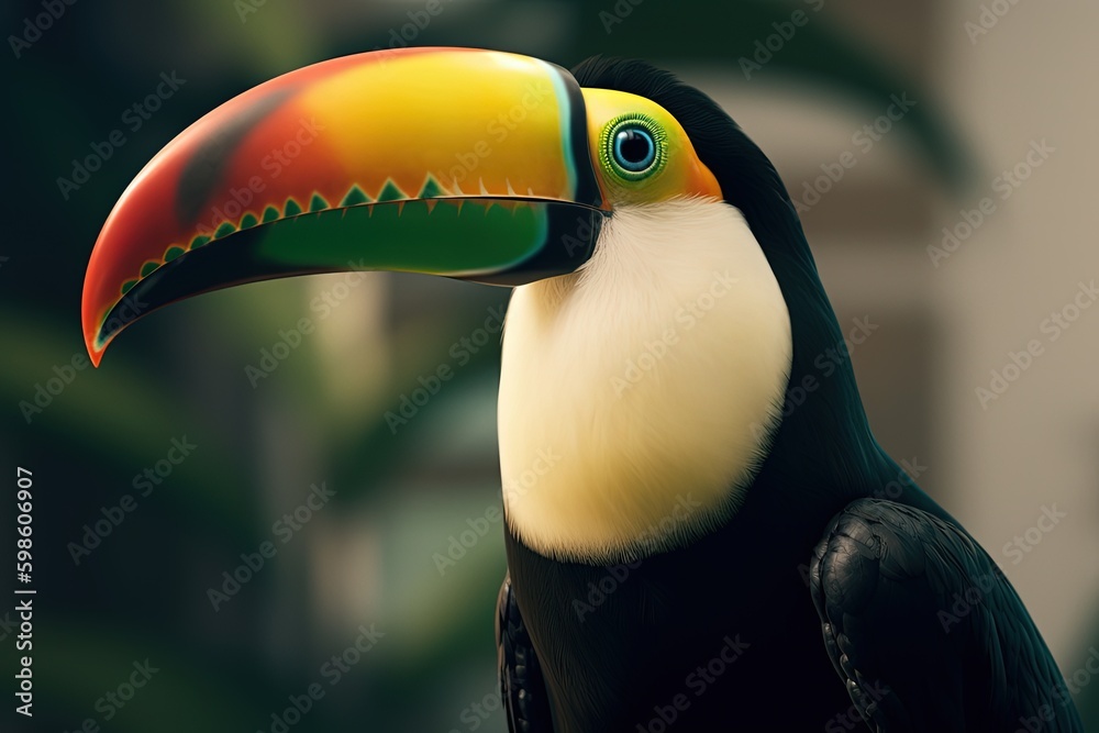 Fototapeta premium Beautiful toucan illustration, animal life concept, forest in background, bokeh background. Generative AI