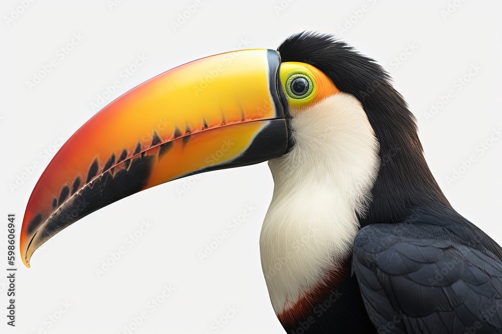 Fototapeta premium Beautiful toucan illustration, animal life concept, white background. Generative AI