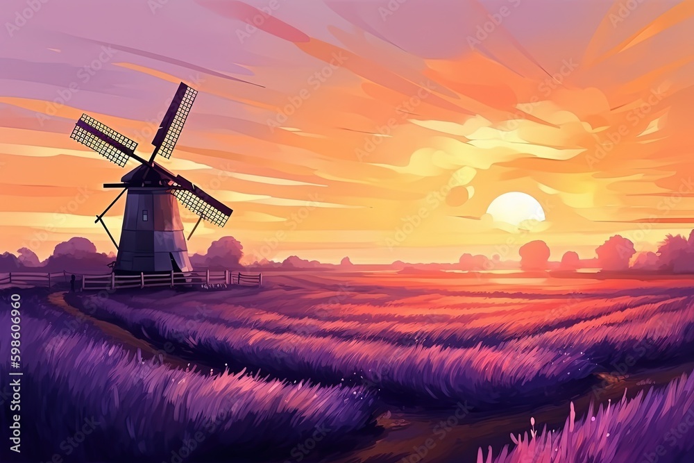 Landscape with windmill, lavender field and sunset, artistic style. Generative AI
