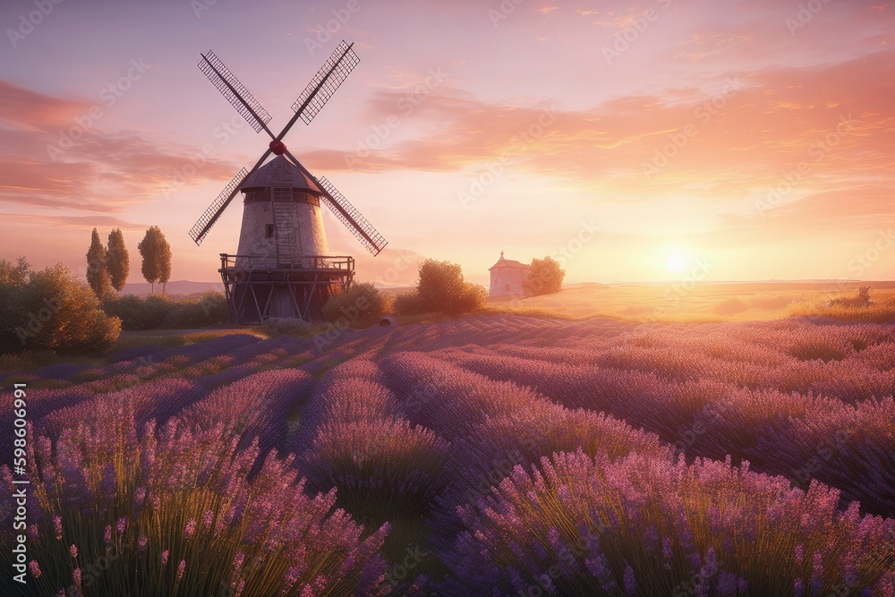 Landscape with windmill, lavender field and sunset. Generative AI