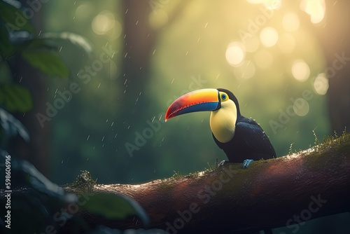 Beautiful toucan illustration, animal life concept, forest in background, bokeh background. Generative AI