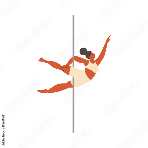 Happy woman performing pole dance on vertical pylone, flat vector illustration isolated on white background.