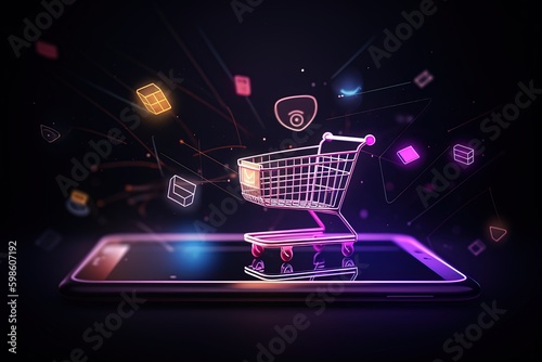 Shopping cart illustration, ecommerce and business concept, background. Generative AI