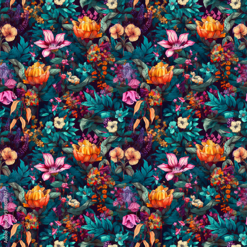 Seamless background of vibrant fantastic flowers. AI generated © misu