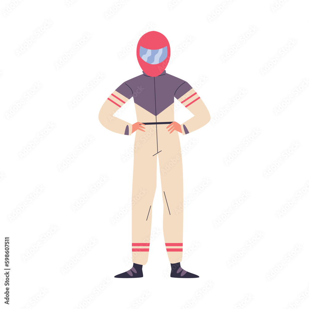 Character in kart racing protective helmet and suit, flat vector illustration isolated on white background. Character in kart racing protective helmet and suit, flat vector illustration isolated on white background.