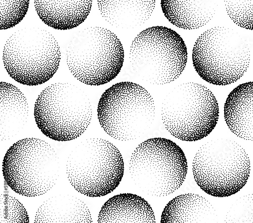 3D Sphere Stippled Seamless Pattern Hand Drawn Dot Work Style Abstract Background. Handdrawn Orb Loopable Geometric Texture. Repetitive Halftone Dotted Circles Transparent PNG Clip Art Design Element