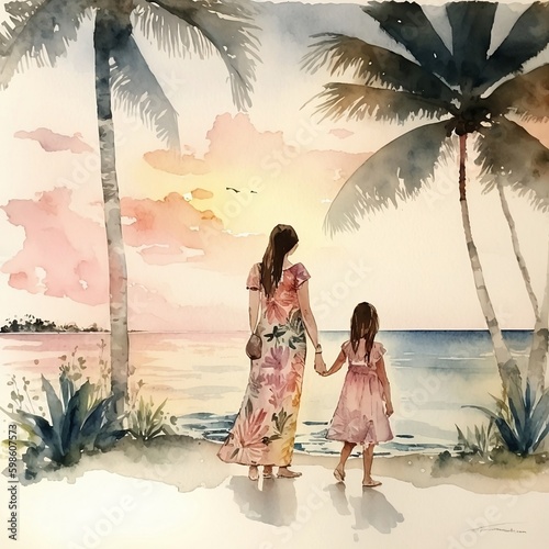 Mom and daughter back side view only sunset beach, Watercolor