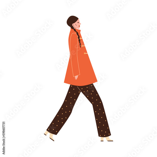 Fashion model presenting autumn or winter design collection, vector isolated.