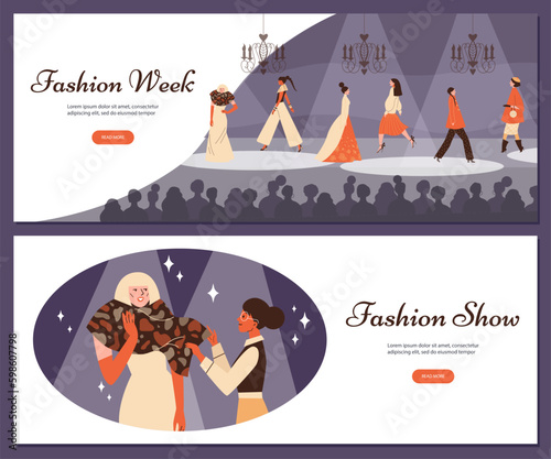 Fashion week show banners or flyers bundle with models flat vector illustration.