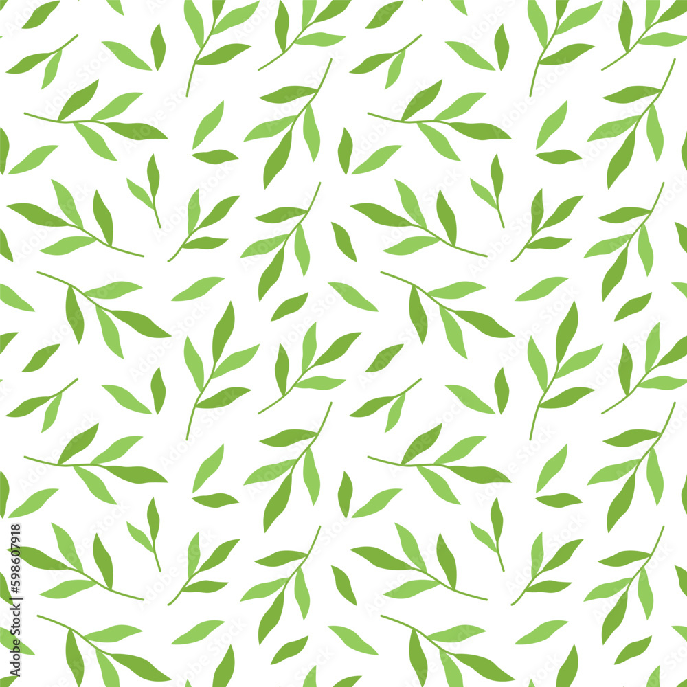 Naklejka premium Nature seamless pattern with green leaves. Vector illustration of foliage. Botanical pattern with twigs. Deciduous background.