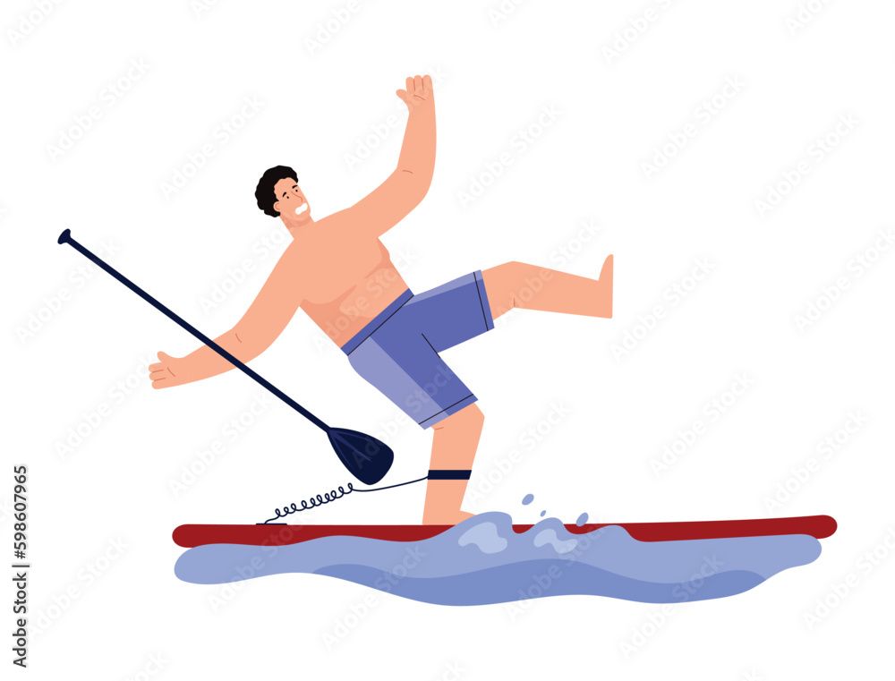 Scared man falls off paddle board, flat vector illustration isolated on white background.