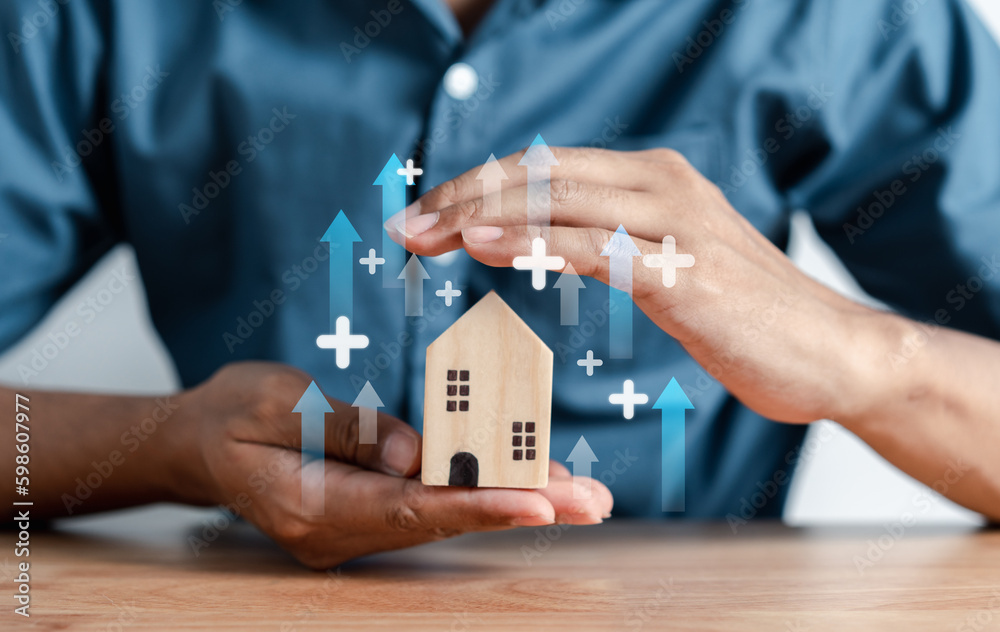 Increased value of real estate or property house. Businessman owner home investment planning real estate business, Percentage rental income earning profit Investor thinking strategy. Increased value of real estate or property house. Businessman owner home investment planning real estate business, Percentage rental income earning profit Investor thinking strategy.