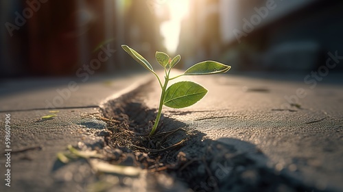 A Small Sapling Emerges Through Asphalt. Generative AI