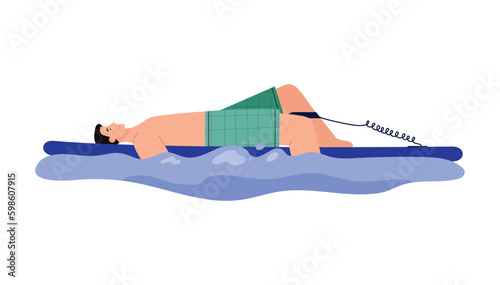 Relaxed man laying on paddle board, flat vector illustration isolated on white background.