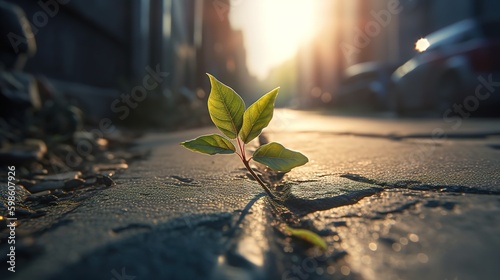 A Small Sapling Emerges Through Asphalt. Generative AI