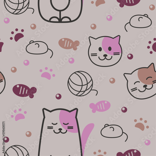 Seamless cartoon pattern of cats and kitten stuffs. Illustration for textile, paper, fabric, background, print design. Vector