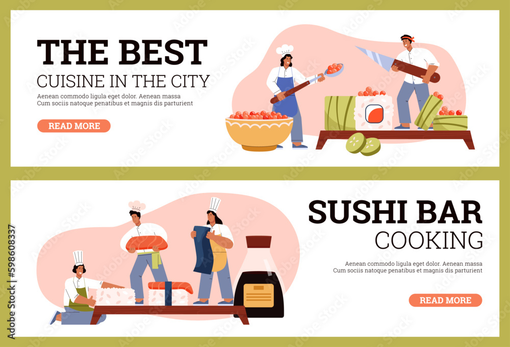 Sushi restaurant advertising web banners set, flat vector illustration.