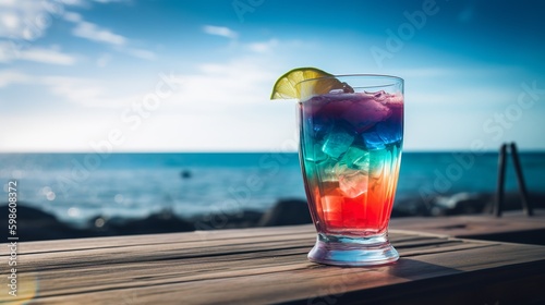 Glass of colorful, tasty cocktail on tropical beach, Generative AI