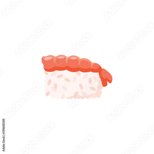 Delicious sashimi with rice and shrimp, flat vector illustration isolated on white background.
