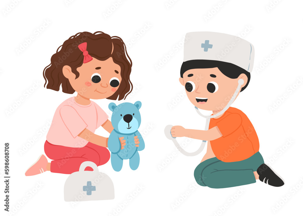 Cartoon happy girl and boy playing doctor and smiling. Cute vector illustration isolated on white background. Cartoon happy girl and boy playing doctor and smiling. Cute vector illustration isolated on white background.
