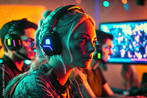 Side view of a girl professional gamer during a cybersports competition. Portrait of woman playing computer games on E-sports event. Generative AI