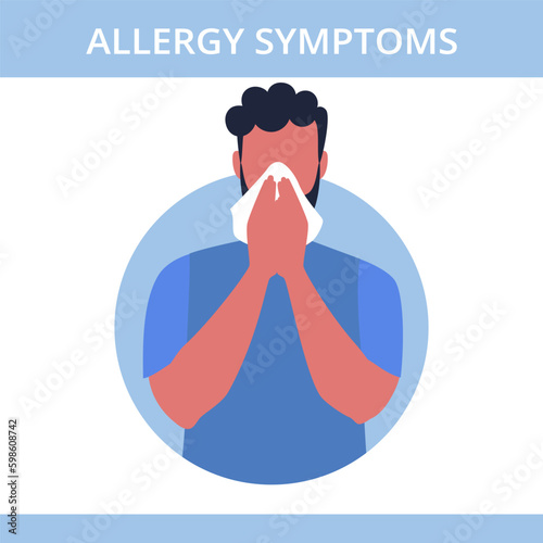 Seasonal allergy. Man sneezing from pollen and flowers allergy